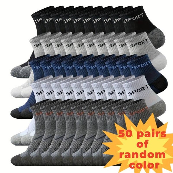 50 Pairs of Men'S Breathable Moisture-Wicking Sport Socks - Reinforced Heels And Toes, Suitable for All Seasons Running Casual Socks with Alphabet New Year'S Gift; Christmas Gift