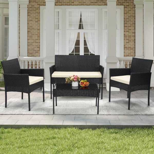 KROFEM 4pcs Wicker Bistro Furniture Set, Includes 2 Chairs with Water Resistant Cushions, Coffee Table, And Comfy Loveseat, Perfect for Any Outdoor Gathering