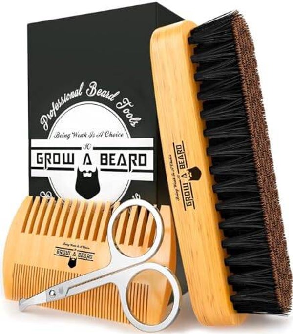 Beard Brush for Men with Beard & Mustache Comb Set, Beard Grooming & Care Kit, Natural Boar Bristle Brush, Dual Action Wood Comb, Grooming Scissors, and Travel Bag, Great Fathers Day, Dad & Men Gifts