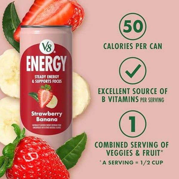 V8 Energy Strawberry Banana Juice Energy Drink, 8 fl oz Can (24 Pack)