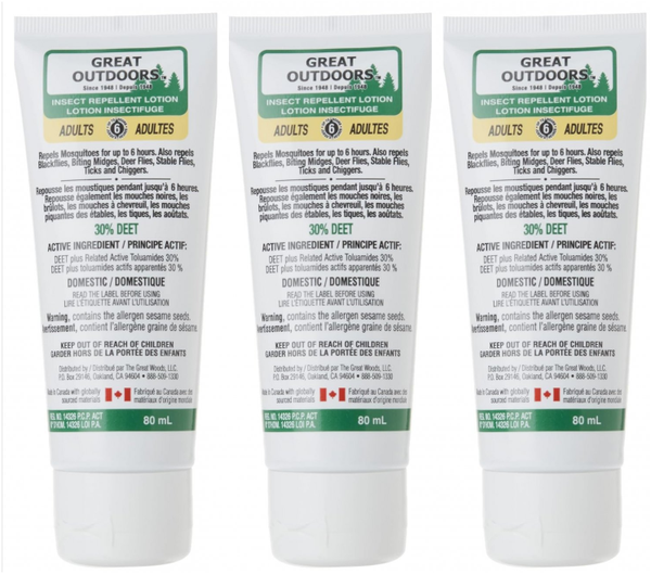 Great Outdoors -Insect Repellent Lotion - 30% Deet 80 MLx 3 btl From Canada