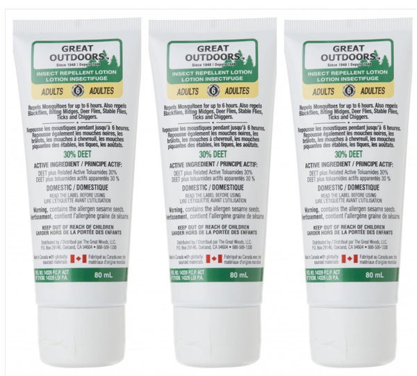 Great Outdoors -Insect Repellent Lotion - 30% Deet 80 MLx 3 btl From Canada
