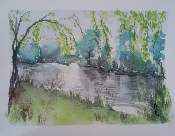 Aquarelle "Au bords de l'Eau" 30 x 40 cm