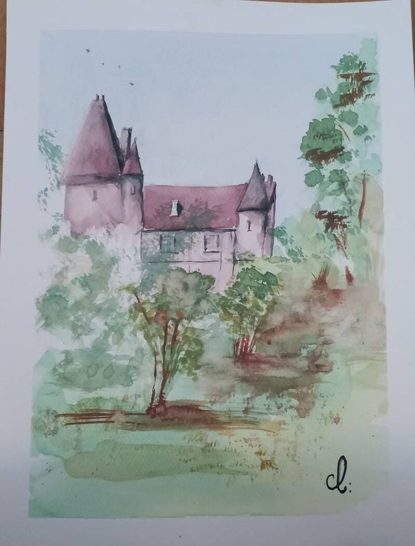 Aquarelle "Château au bord de la rivière" 30 x 40 cm