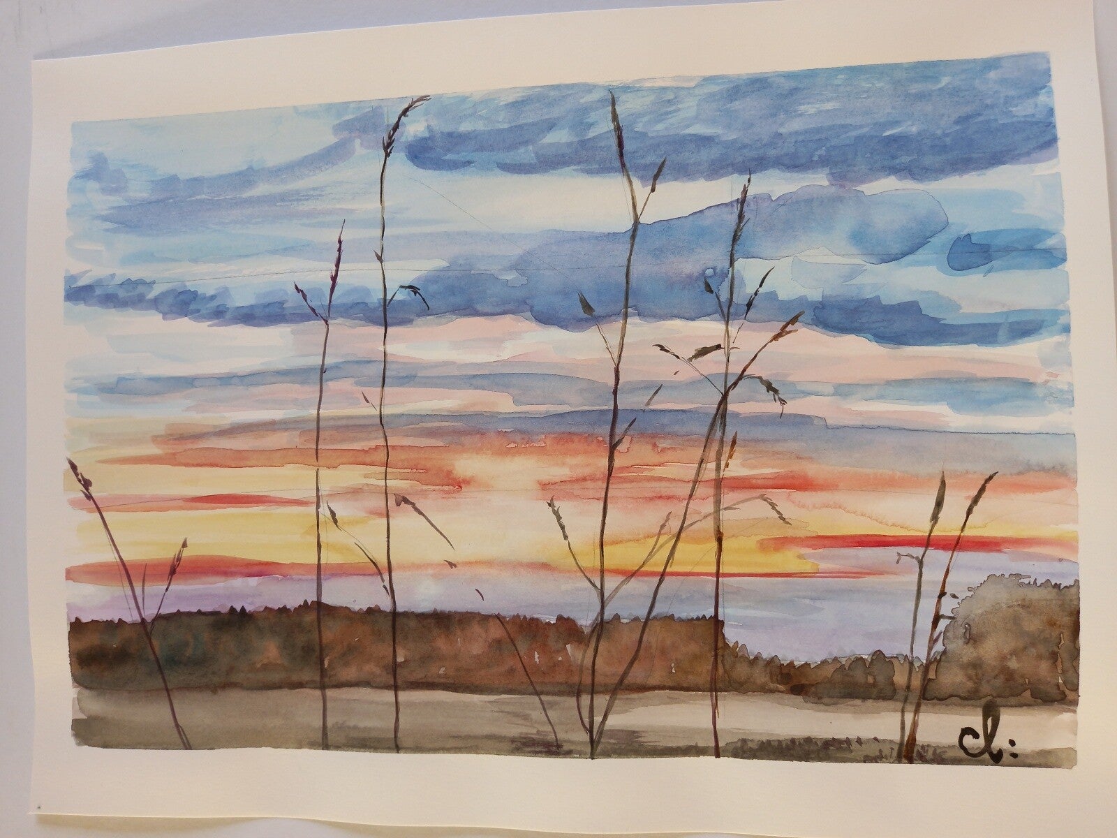 Aquarelle "Ciel de Couché Coloré" 30 x 40 cm