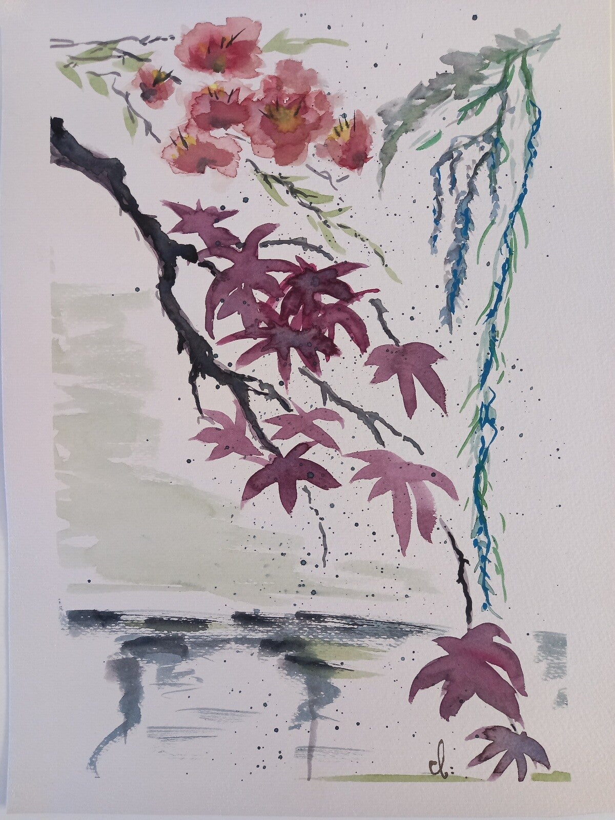 Aquarelle "Feuilles d'Erable" 30 x 40 cm