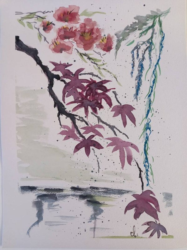 Aquarelle "Feuilles d'Erable" 30 x 40 cm