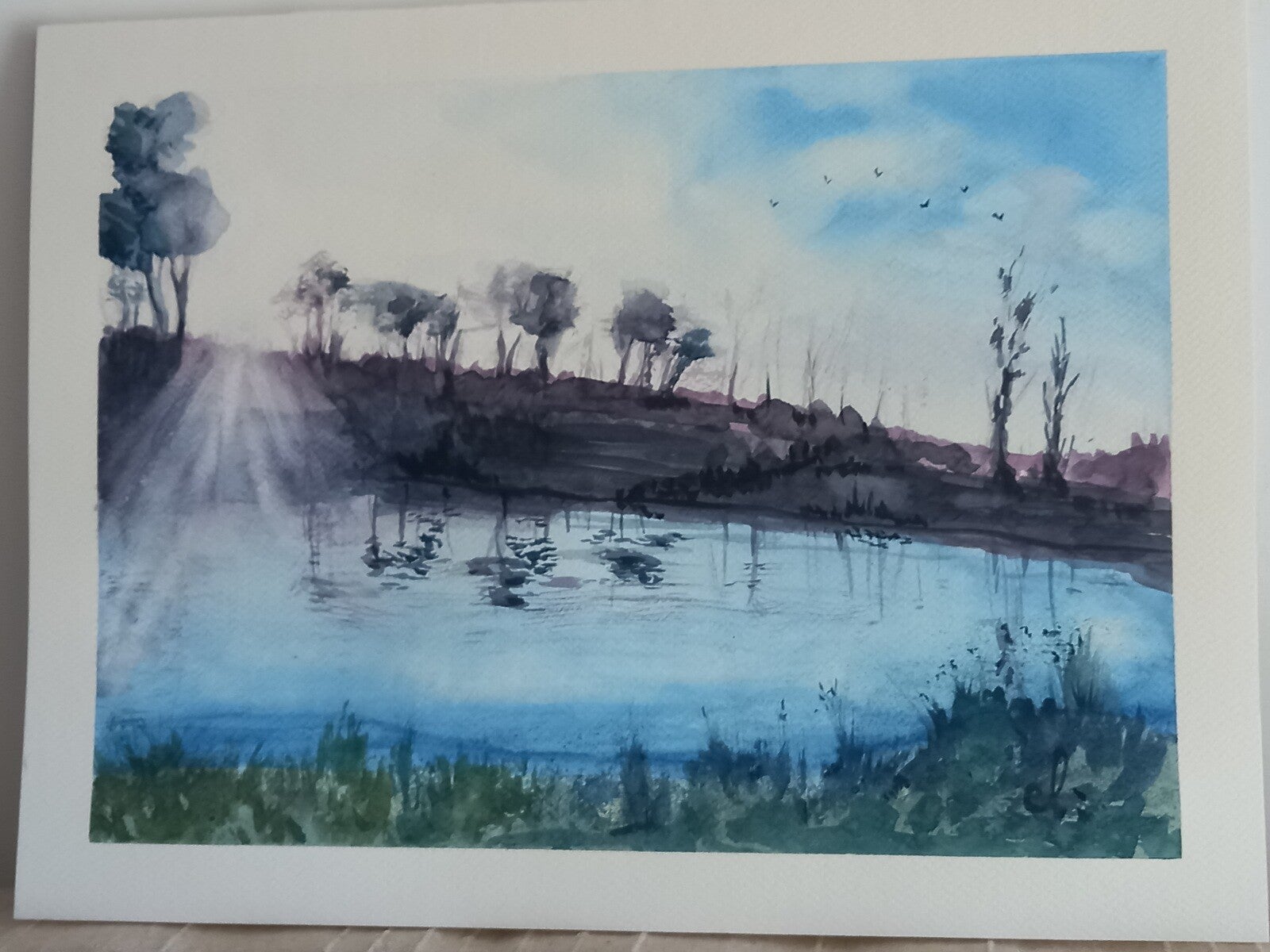 Aquarelle "Rivière à l'aube" 30 x 40