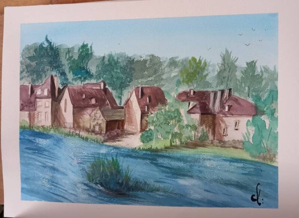 Aquarelle "Village au bords de l'eau" 30 x 40 cm
