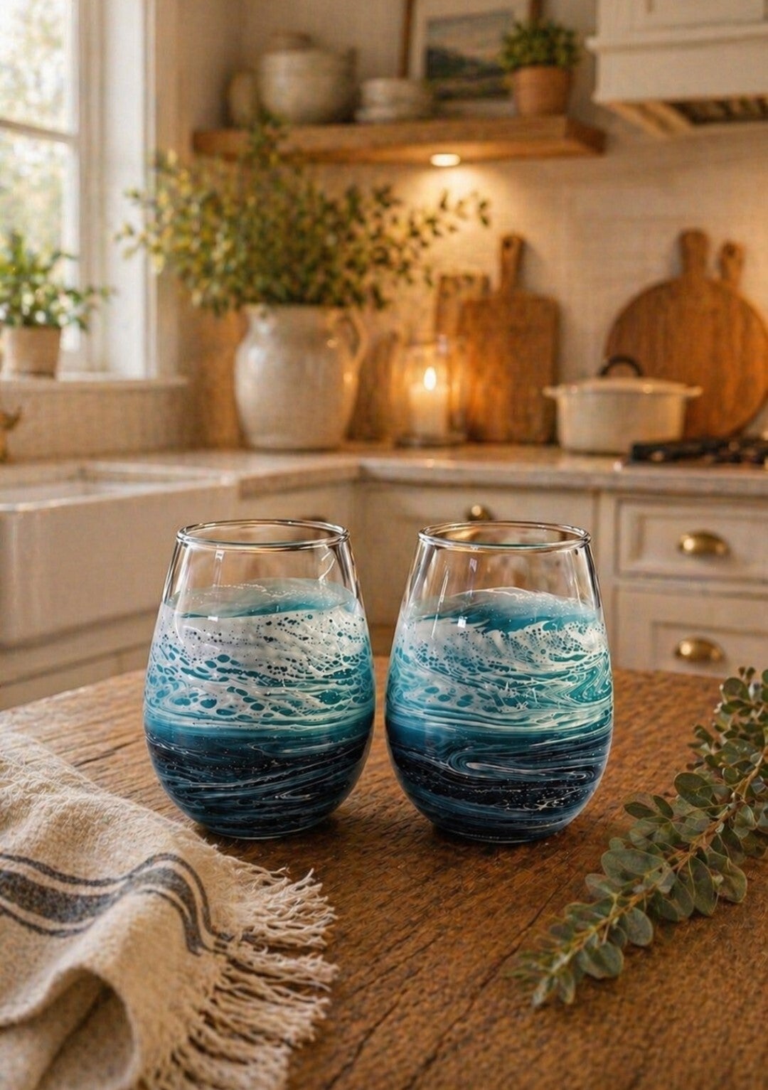 Set of 2 Pink & Gold Epoxy Resin Beach Wine Glasses with Stem