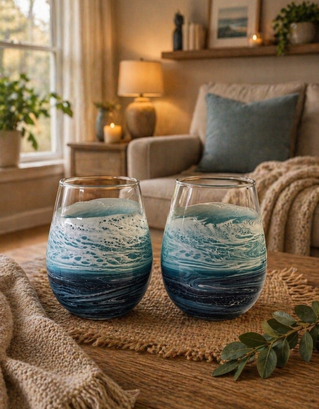 Set of 2 Pink & Gold Epoxy Resin Beach Wine Glasses with Stem