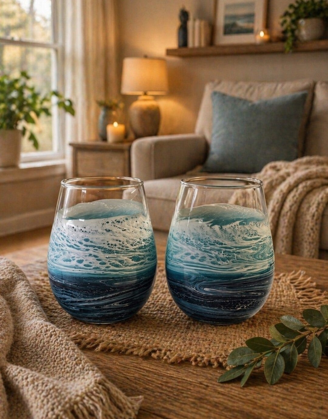 Set of 2 Pink & Gold Epoxy Resin Beach Wine Glasses with Stem