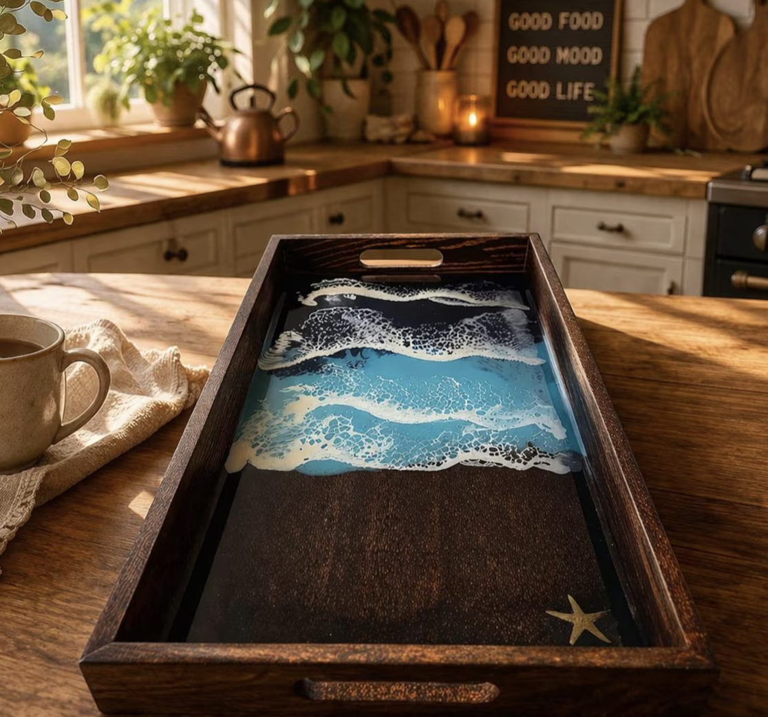 Stained Walnut Epoxy Resin Wooden Beach Tray