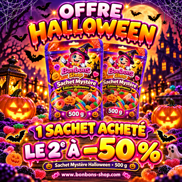 1 sachet Halloween 500g acheté le 2ème à 50%