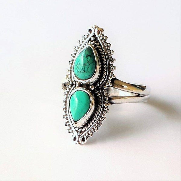 Bague ethnique 2 pierres – Turquoise népalaise