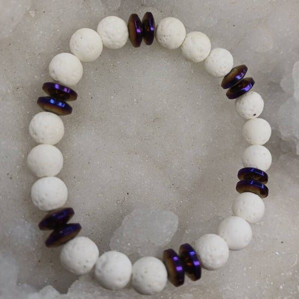 Bracelet pierre de lave blanche & hématite 8 mm