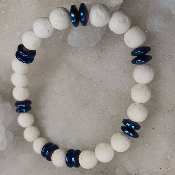 Bracelet pierre de lave blanche & hématite 8 mm