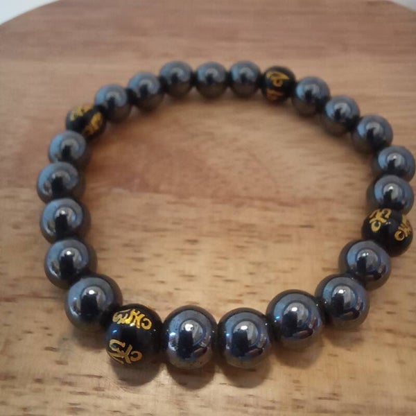 Bracelet Hématite & Obsidienne noire mantra OM 8 mm
