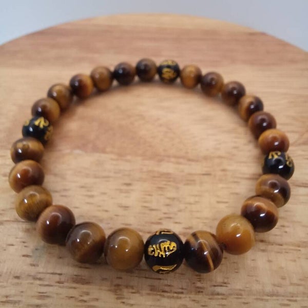 Bracelet Œil du tigre & Obsidienne noire mantra OM 8 mm