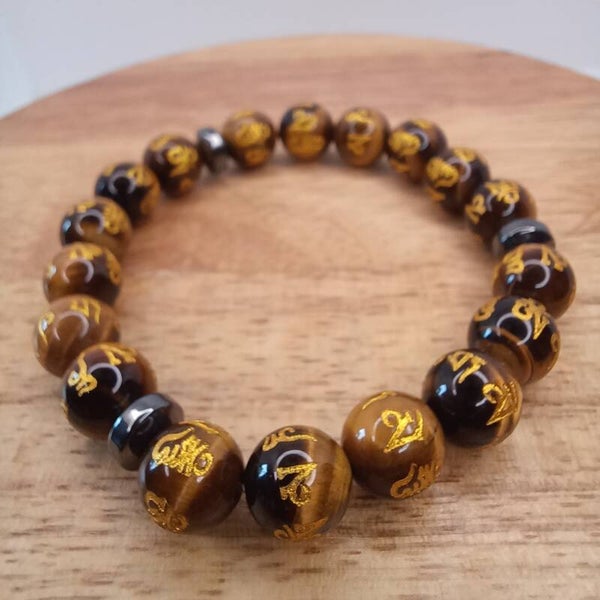 Bracelet Œil du tigre - gravé mantra Om & Hématite 10 mm