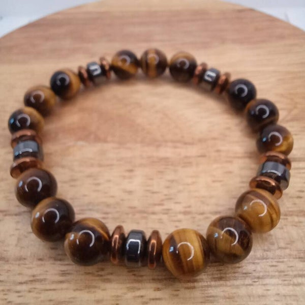 Bracelet Œil du tigre & Hématite 10 mm