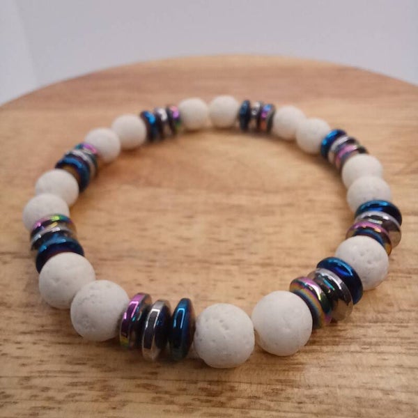 Bracelet en pierre de lave blanche & hématite 8 mm