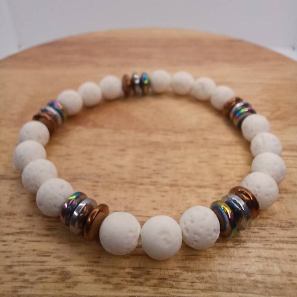 Bracelet en pierre de lave blanche & hématite 8 mm