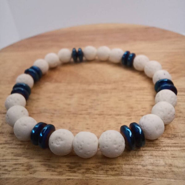 Bracelet pierre de lave blanche & hématite 8 mm