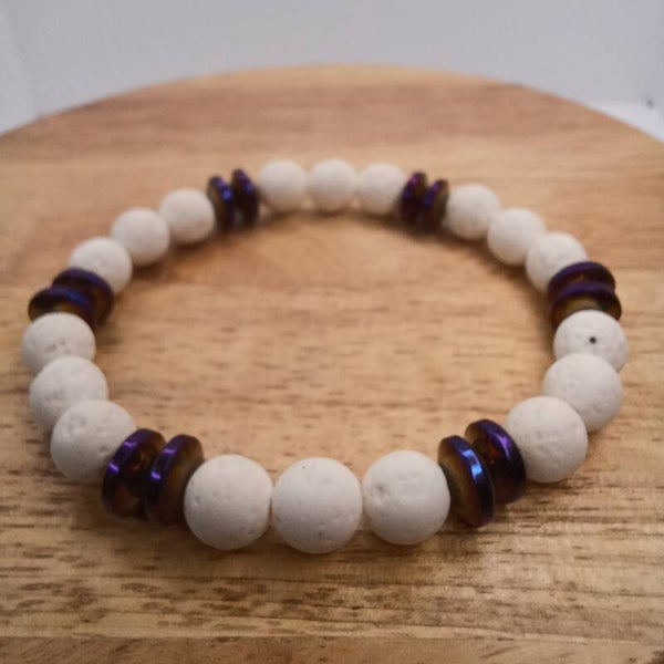 Bracelet pierre de lave blanche & hématite 8 mm