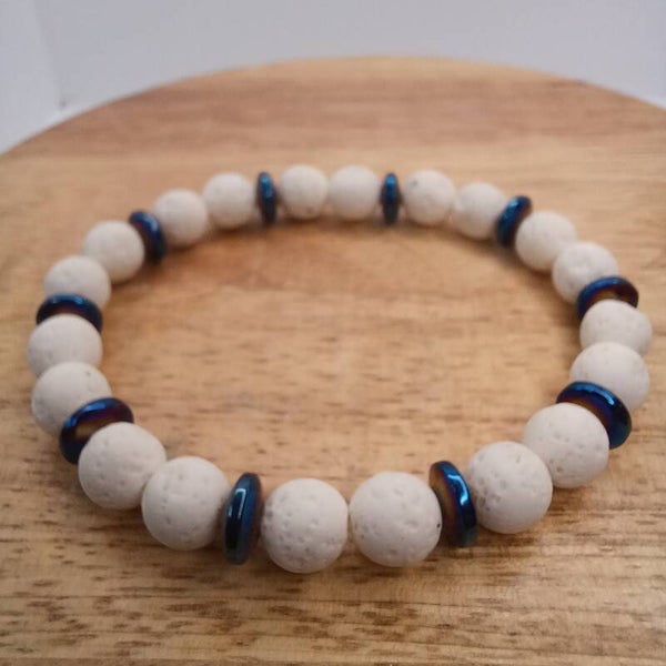 Bracelet pierre de Lave blanche & Hématite 8 mm