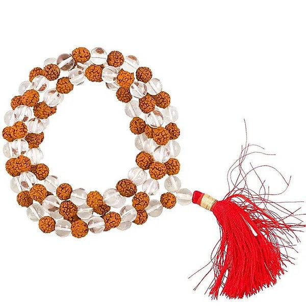 Mala Cristal de roche AA / Rudraksha 108 perles + sac