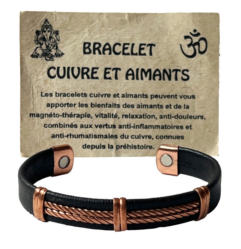 Bracelet Cuivre et Aimants avec Cuir Noir