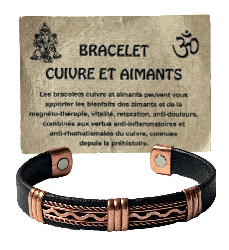 Bracelet Cuivre et Aimants avec Cuir Noir