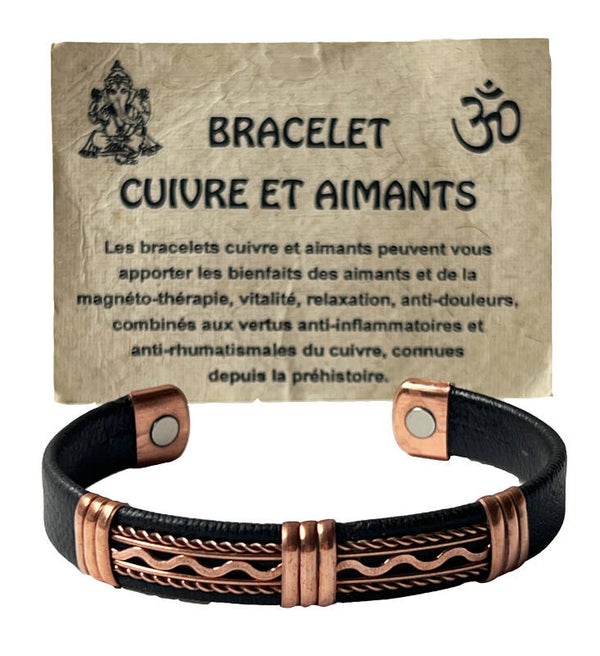 Bracelet Cuivre et Aimants avec Cuir Noir