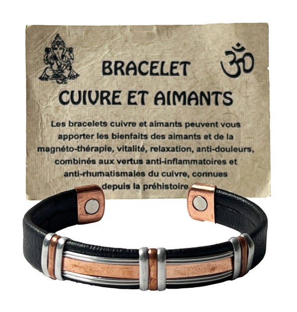 Bracelet Cuivre et Aimants avec Cuir Noir