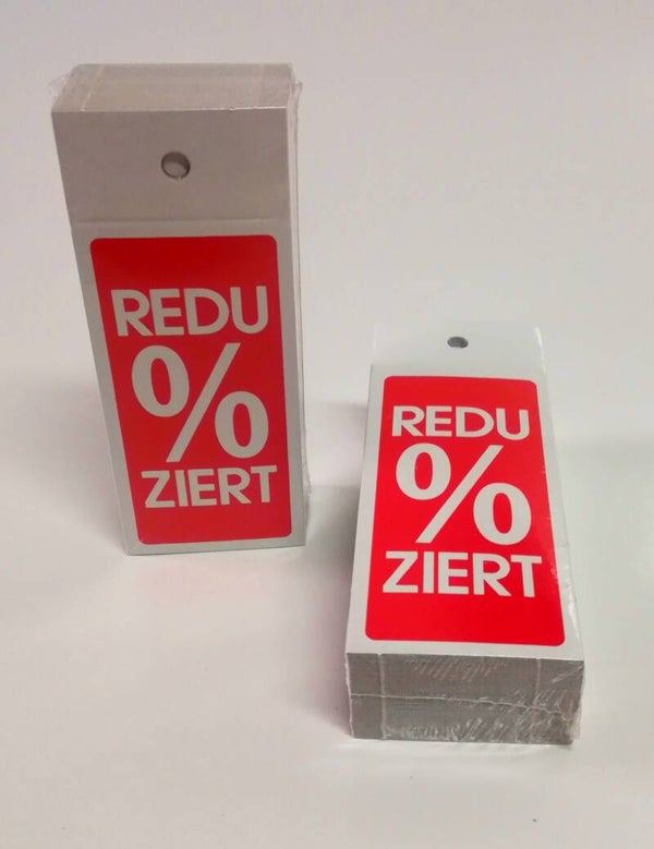 100 Preisschilder mit Aufdruck " REDUZIERT % "Nr 12383  4 x 10 cm