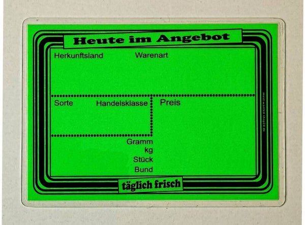 10 laminierte Preisschilder in leuchtgrün - Aufdruck: "Heute  im Angebot"