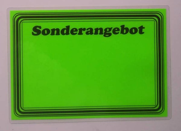 10 laminierte Preisschilder  in leuchtgrün - Aufdruck: "Sonderangebot" mit Rand