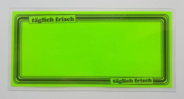 10 laminierte Preisschilder in leuchtgrün 110 x 216 mm - Aufdruck: "täglich frisch" mit Rand