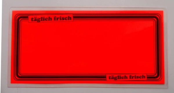 10 laminierte Preisschilder in leuchtrot 110 x 216 mm - Aufdruck: "täglich frisch" mit Rand