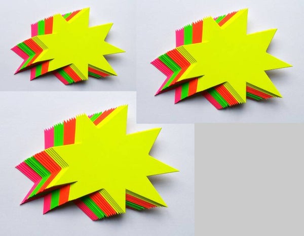 60 Sterne in 3 Größen Preisschilder aus Plakatkarton 270g/gm oder 380g/qm leuchtfarbig gemischt