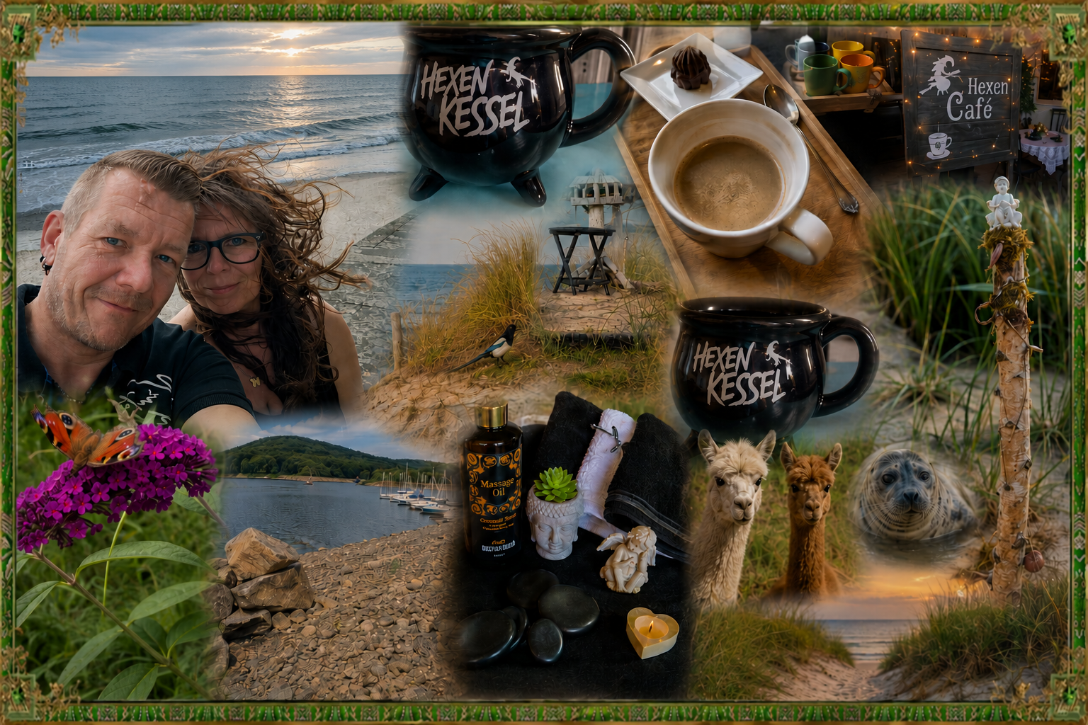 Vom Schmetterling bis zur Nordsee: Eine persönliche Reisecollage mit Tanja und Arne, Wellness, Hexencafé, Alpakas, Seehunden, Meer und Naturmomenten – eine Erinnerung daran, das Leben bewusster zu genießen.