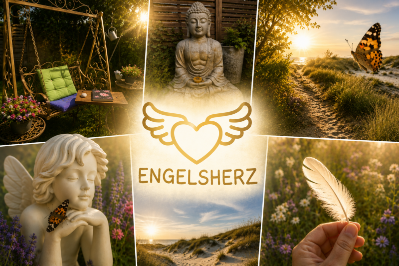 Collage aus den Herzensorten von Engelsherz mit Gartenschaukel, Buddha, Engel, Schmetterling, Feder und Dünenlandschaft. Das Engelsherz-Logo verbindet Natur, Hoffnung und Spiritualität als liebevolle Begleiterin des Alltags.