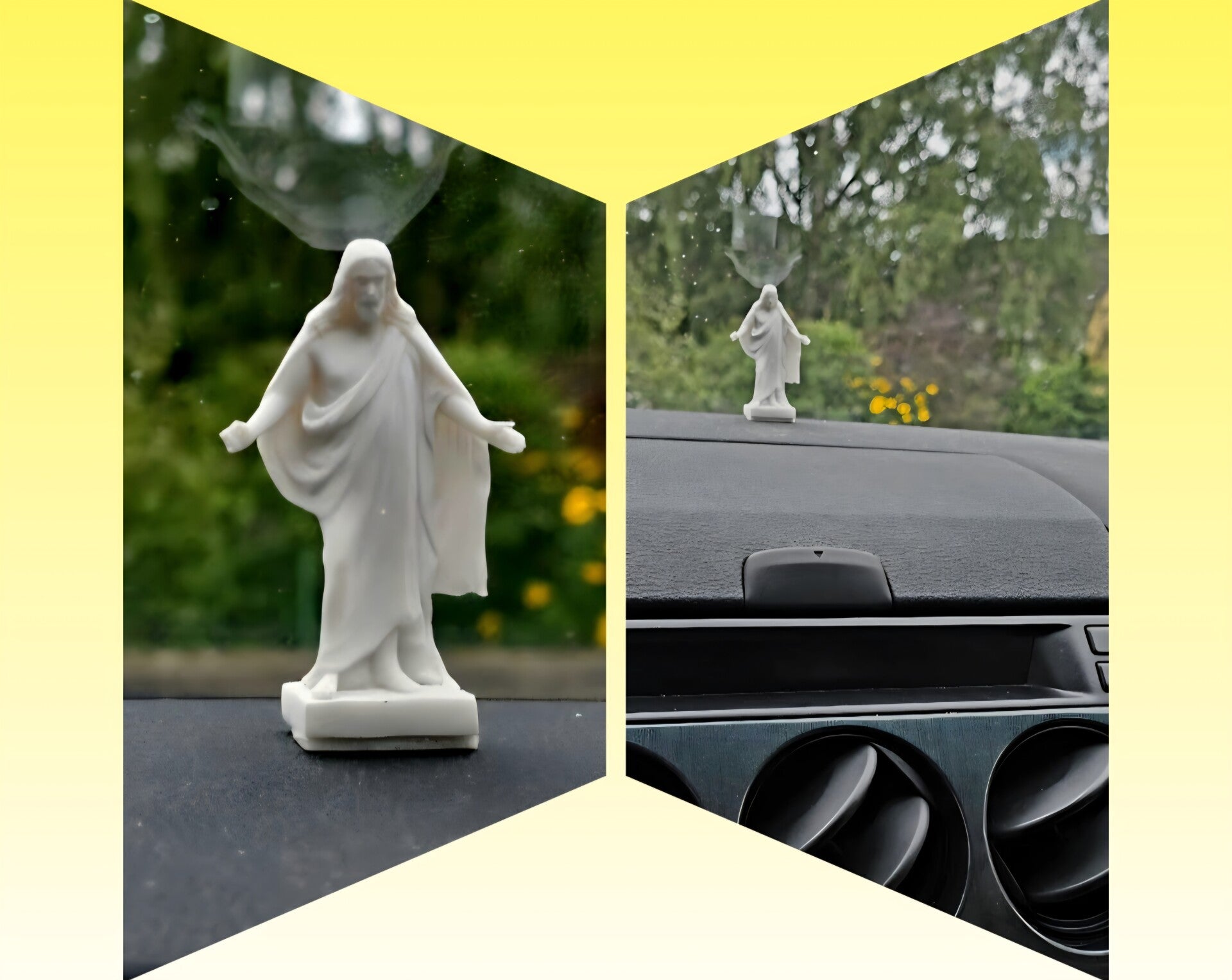 Weiße Jesusfigur auf dem Armaturenbrett des neu gekauften Autos meiner Tochter, die für mich zu einem besonderen Zeichen dieses Tages wurde