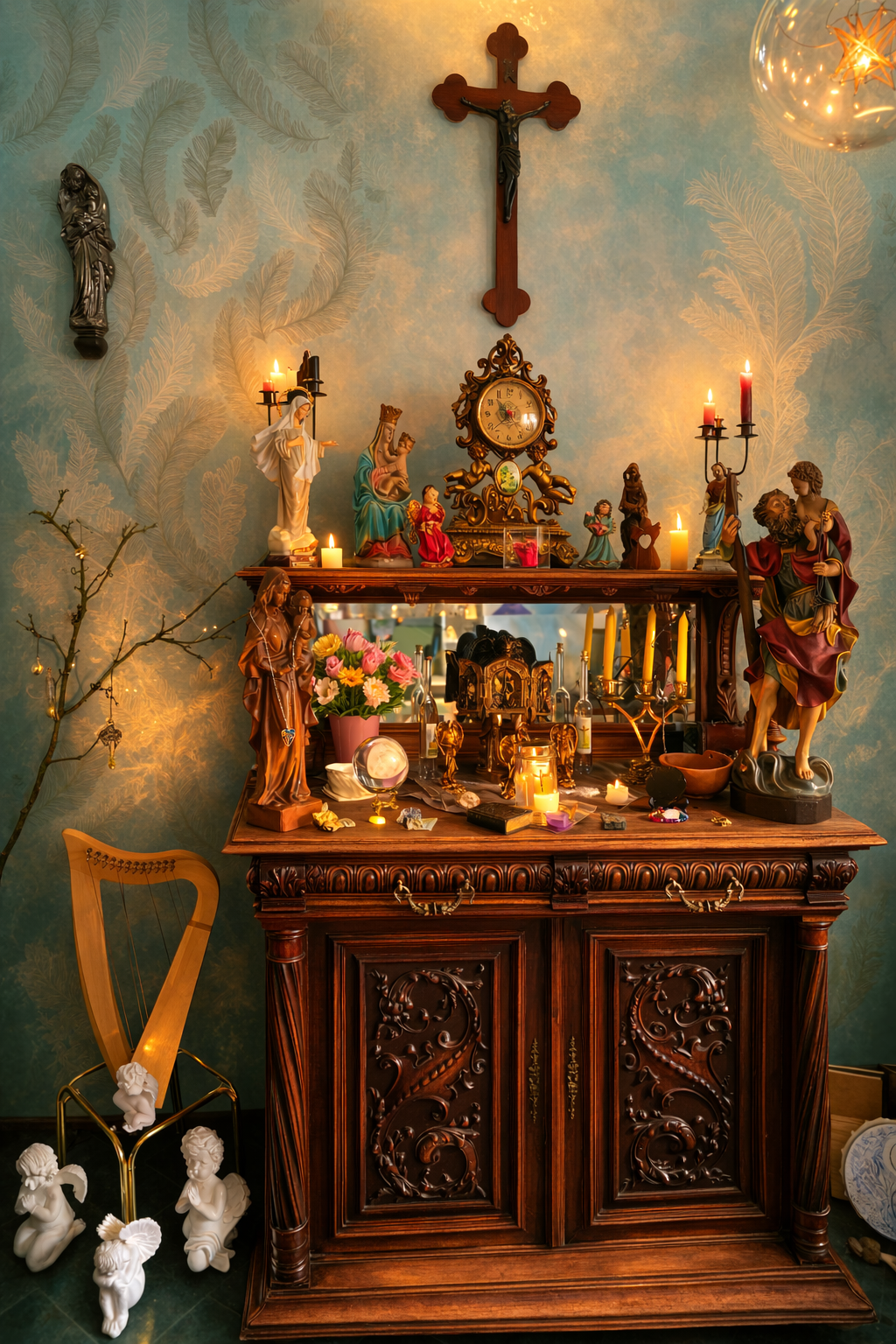 Engelsherz Gebetsraum mit antikem Altar, Kerzen, spirituellen Figuren und warmen Licht für Ruhe, Einkehr und Stille.