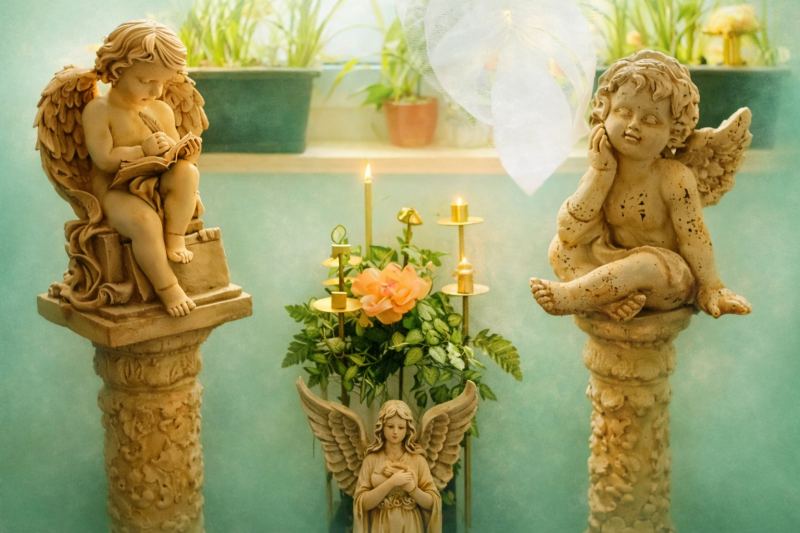 Zwei Engelsfiguren auf Säulen mit Pflanzen und Kerzen als ruhiger spiritueller Ort für die Engelsherz Impuls Chronik