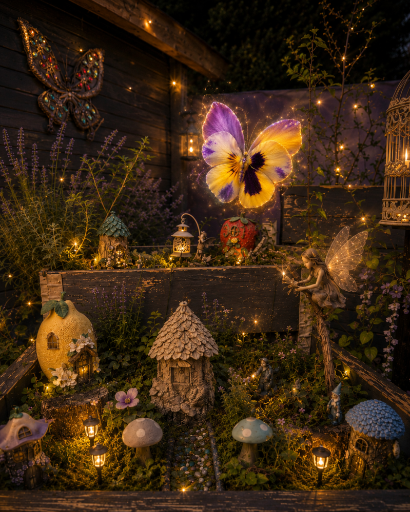 Verzauberter Feengarten bei Nacht mit leuchtenden Lichtern, Moos, Kräutern, kleinen Häusern und einer Fee auf einem Ast, während ein magischer Blütenschmetterling aus lila-goldenen Stiefmütterchen über dem Garten schwebt.