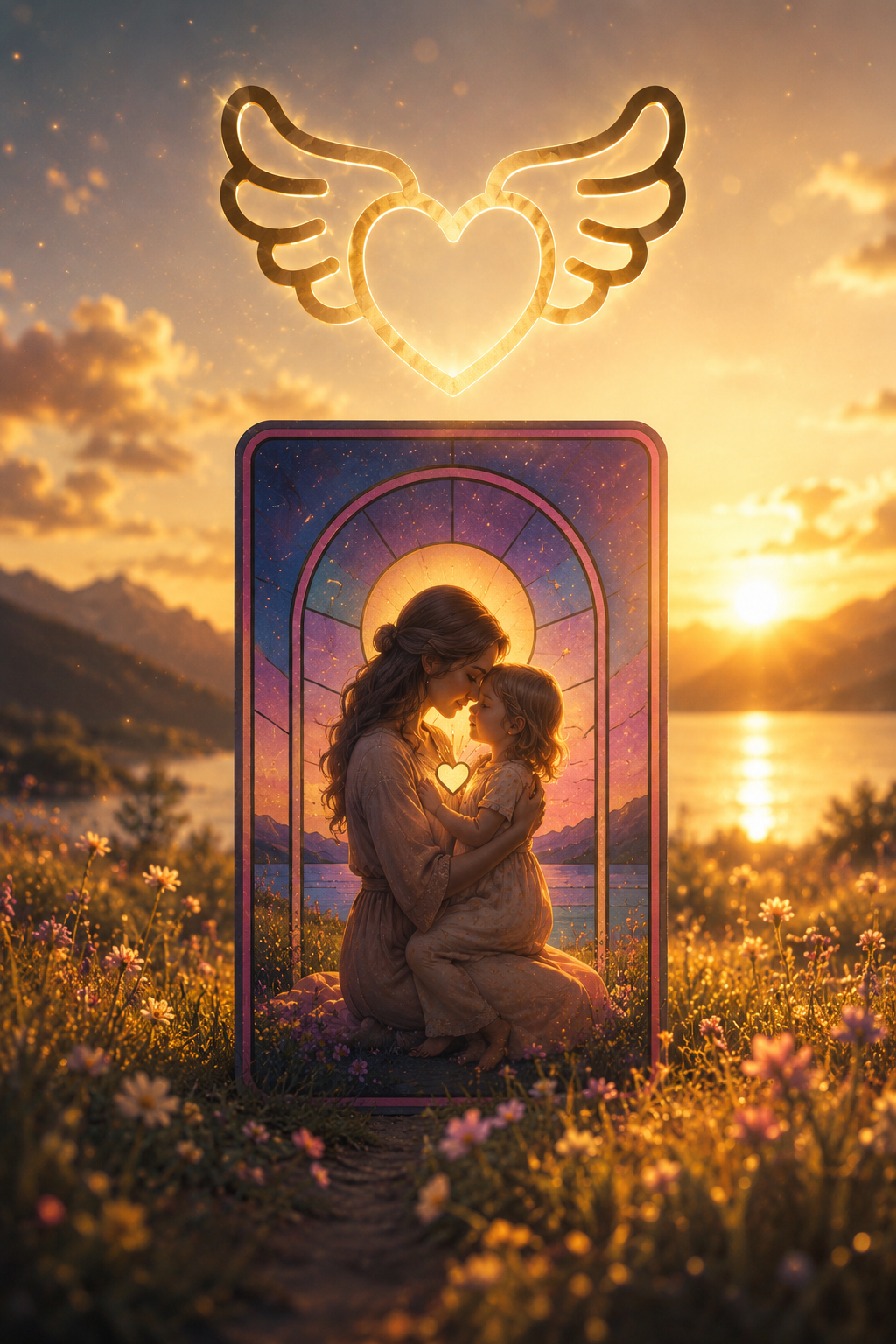 Spirituelles Muttertagsbild mit Mutter und Kind in liebevoller Umarmung vor warmem Sonnenuntergang, umgeben von goldenem Licht, Blumen und einem Engelsherz Symbol über ihnen. 