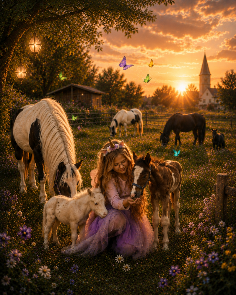 Mädchen sitzt auf einer goldenen Abendwiese zwischen Pferden und kleinen Fohlen, umgeben von bunten Schmetterlingen und warmem Sonnenlicht in einer magischen, fantasievollen Landschaft.