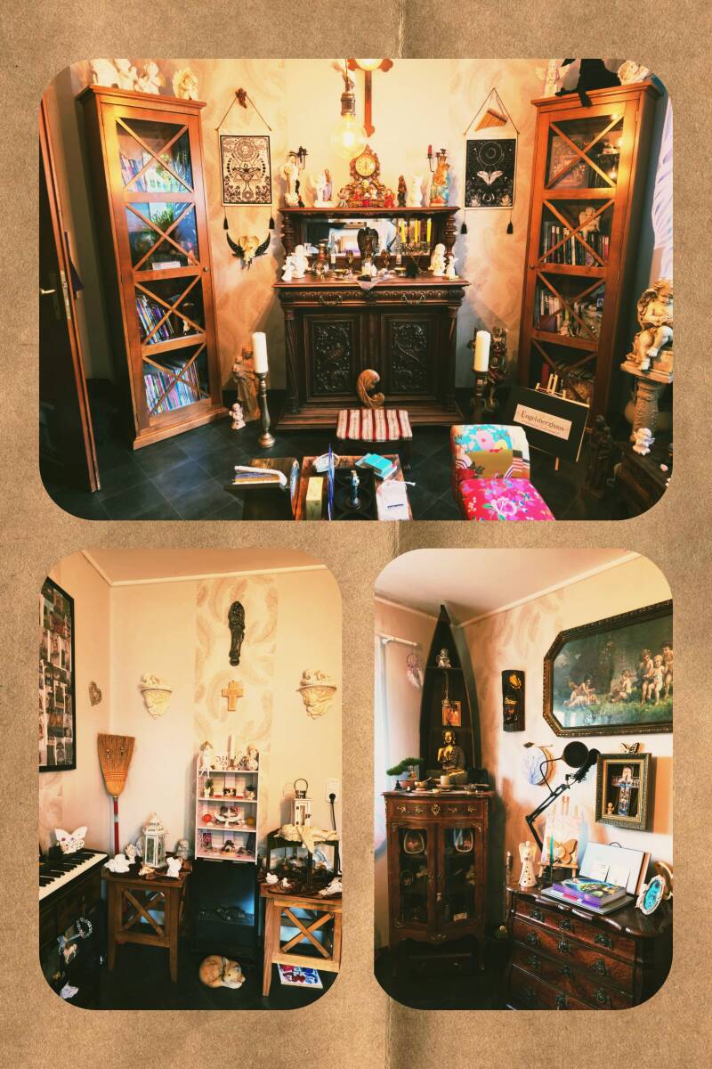 Collage unseres Engelszimmers mit liebevoll gestalteten Altären, Engelfiguren, Buddha, spirituellen Symbolen und antiken Möbeln. Zwei spirituelle Wege wachsen zu einem gemeinsamen Raum zusammen.